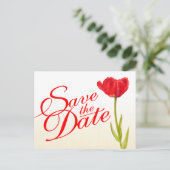 ウェディング日付ポストカードレッドチューリップアートを保存 案内ポストカード (スタンド正面)