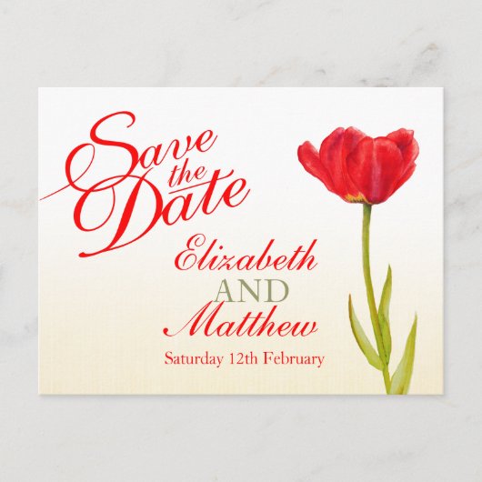 ウェディング日付ポストカードレッドチューリップアートを保存 案内ポストカード (正面)