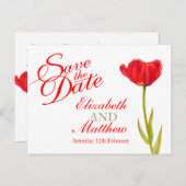 ウェディング日付ポストカードレッドチューリップアートを保存 案内ポストカード (正面/裏面)