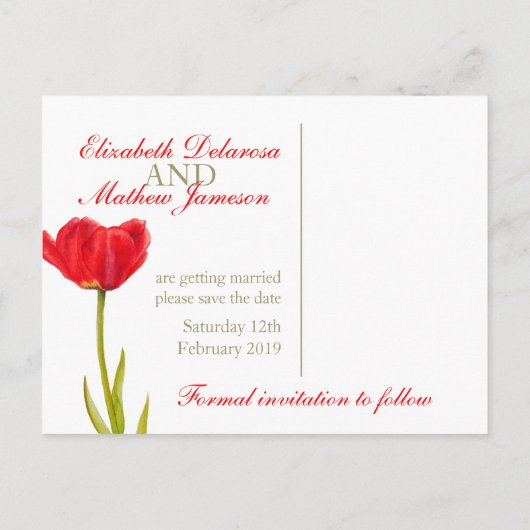 ウェディング日付ポストカードレッドチューリップアートを保存 案内ポストカード (裏面)