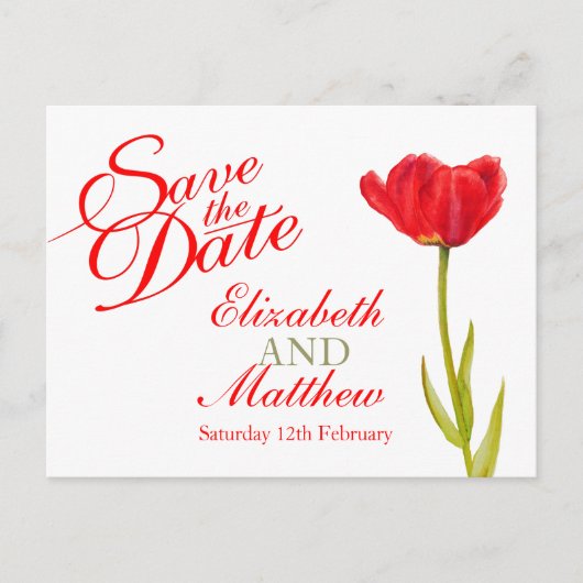 ウェディング日付ポストカードレッドチューリップアートを保存 案内ポストカード (正面)