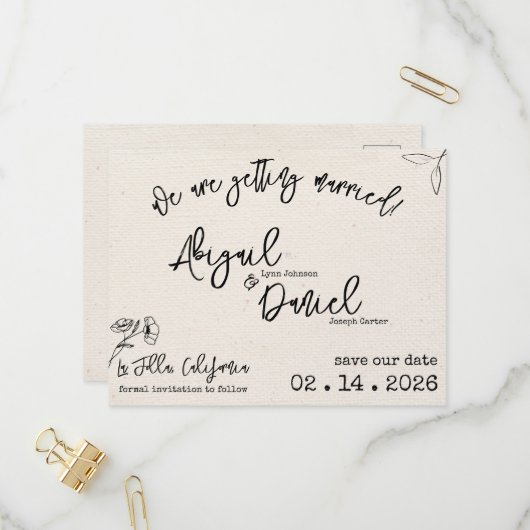 ウェディング日付ポストカードヴィンテージミニマリストの保存 インビテーションポストカード (正面/裏面インサイチュ)