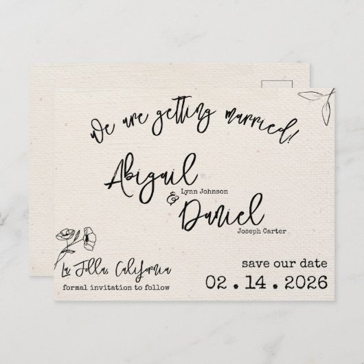 ウェディング日付ポストカードヴィンテージミニマリストの保存 インビテーションポストカード (正面/裏面)