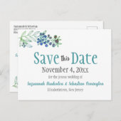 ウェディング日付ミニマリストブルーベリーを保存 案内ポストカード (正面/裏面)