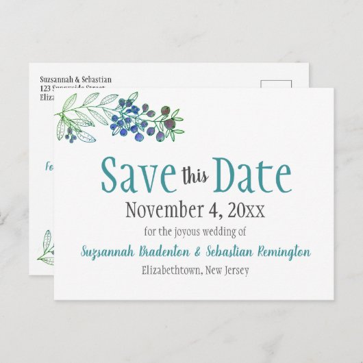 ウェディング日付ミニマリストブルーベリーを保存 案内ポストカード (正面/裏面)