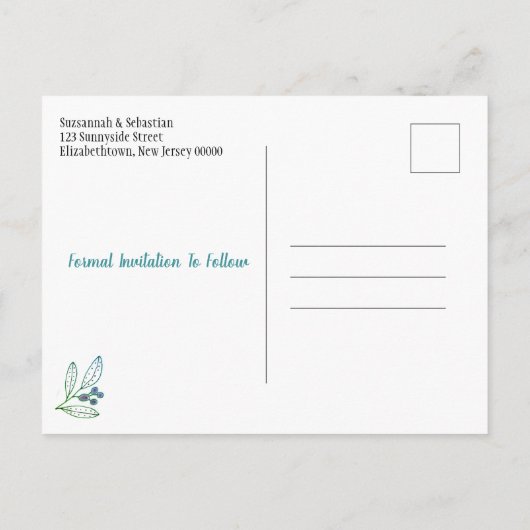 ウェディング日付ミニマリストブルーベリーを保存 案内ポストカード (裏面)