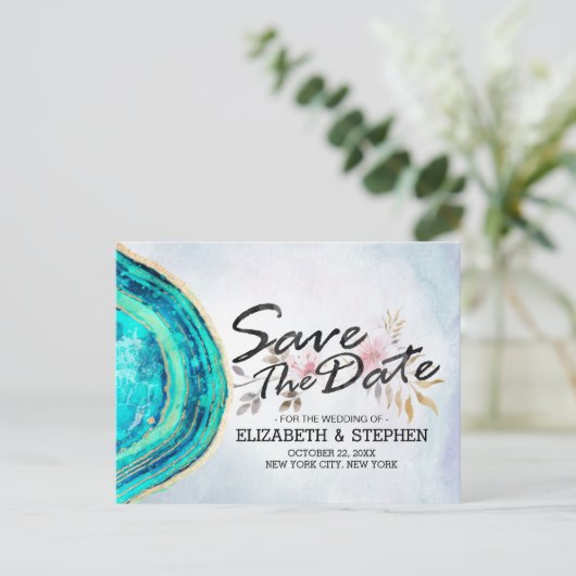 ウェディング日付保存ティール（緑がかった色）金ゴールドゲートGeodeスライス 案内ポストカード (スタンド正面)