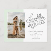 ウェディング日付保存フォトスクリプト植物緑 ポストカード (正面)