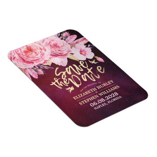 ウェディング日付保存フローラ羽ブルゴーニュ赤 マグネット (右側)