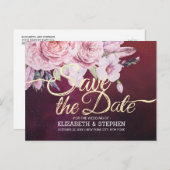 ウェディング日付保存フローラ羽ブルゴーニュ赤 案内ポストカード (正面/裏面)