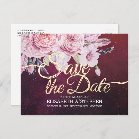 ウェディング日付保存フローラ羽ブルゴーニュ赤 案内ポストカード (正面/裏面)