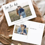ウェディング日付写真ミニマルシンプルリスト 案内ポストカード<br><div class="desc">ウェディング表裏に写真が入った日付カードを保存する。Save the Dateカードには手で書いたモダン草書タイポグラフィが含まれエレガント、シンプルとミニマルモダンムな結婚式の日のお祝いの後に使用すシンプルる。</div>