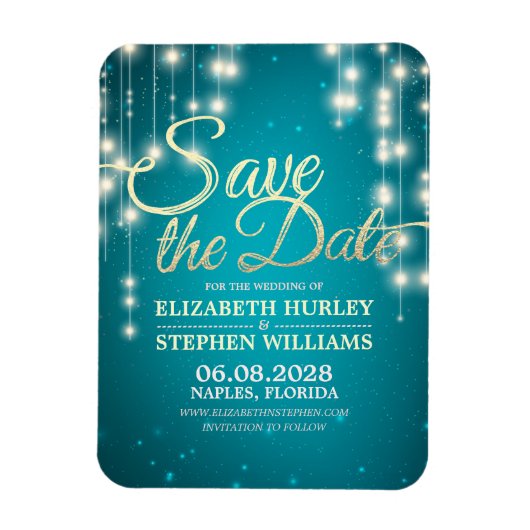 ウェディング日付文字列ライトの保存ターコイズ金ゴールド マグネット (縦)