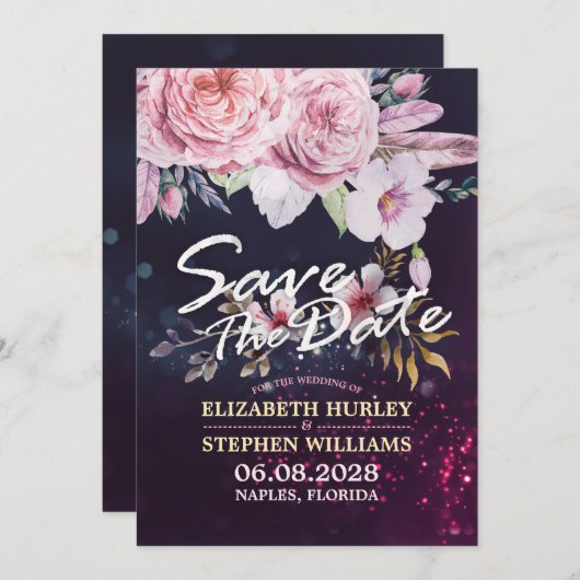 ウェディング日付水の色のフローラ羽を保存 セーブザデート (正面/裏面)