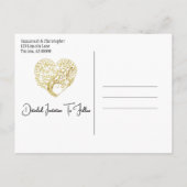 ウェディング日付金ゴールドハートツリーを白に保存 案内ポストカード (裏面)