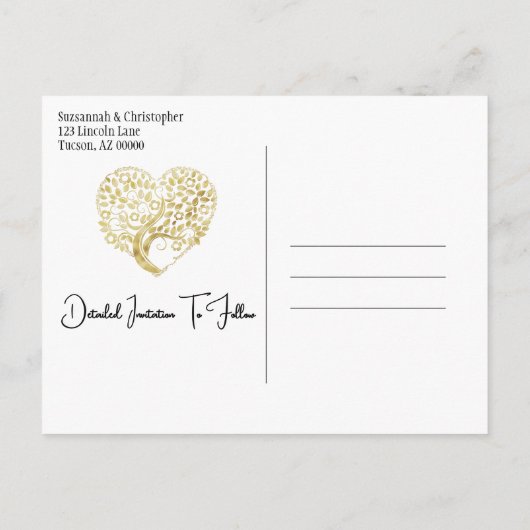 ウェディング日付金ゴールドハートツリーを白に保存 案内ポストカード (裏面)