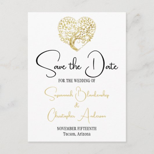 ウェディング日付金ゴールドハートツリーを白に保存 案内ポストカード (正面)