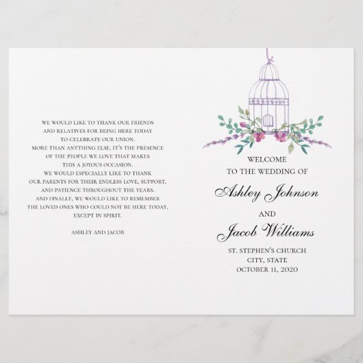 ウェディング用の鳥かごのプログラムが折り畳まれました。紫の花 (正面)