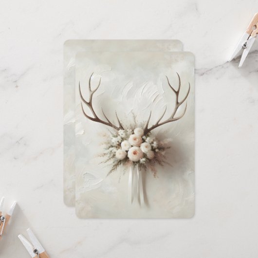 ウェディング用鹿の角を飾ったブライダルブーケ 招待状 (正面/裏面インサイチュ)