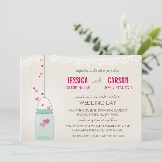 ウェディング素朴は可愛いメイソンの瓶をハートと招待 招待状 (スタンド正面)