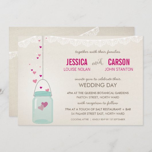 ウェディング素朴は可愛いメイソンの瓶をハートと招待 招待状 (正面/裏面)