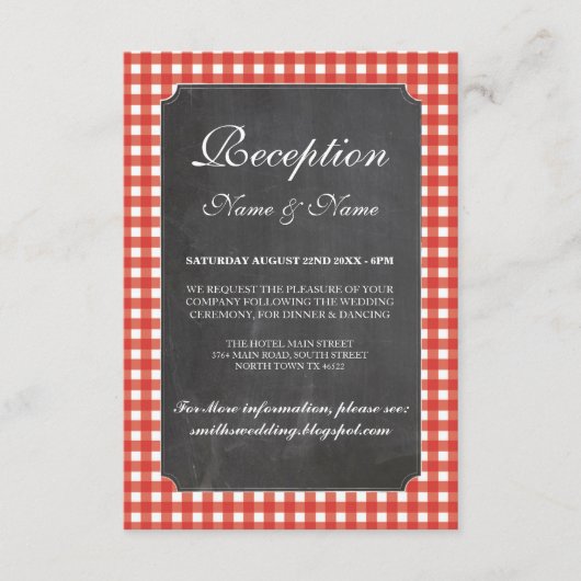 ウェディング素朴レセプションカードレッドチェックチョーク エンクロージャーカード (正面)