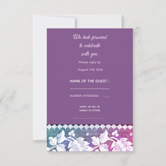 ウェディング素朴RSVPカード – 紫とピンクの白 招待状 (裏面)