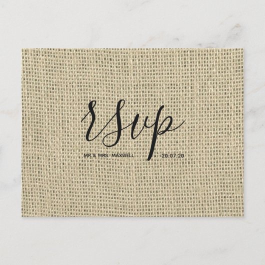 ウェディング素朴RSVPカード | Hessian Burlap Script インビテーションポストカード (正面)