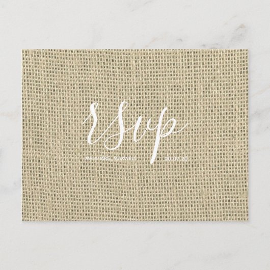 ウェディング素朴RSVPカード | Hessian Burlap Script インビテーションポストカード (正面)