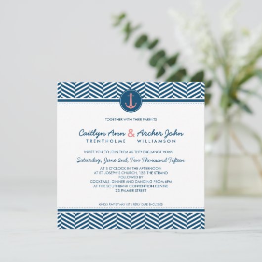 ウェディング航海の招待いかりハートネイビーサンゴ 招待状 (スタンド正面)