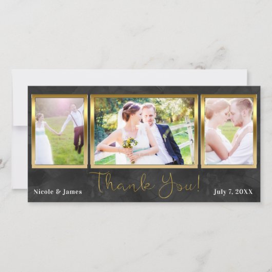 ウェディング3 フォト ピクチャー ブラック ゴールド サンクス サンキューカード (正面)