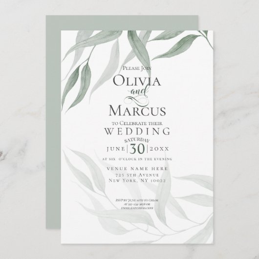 ウェディング | ほこりっぽい緑の水色の木版画 招待状 (正面/裏面)