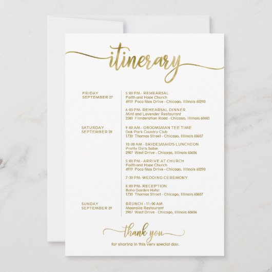 ウェディング ウィークエンド ウェルカムとスケジュール レター おしゃれ 招待状 (裏面)