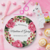 ウェディング ウォーターカラー ピンクの花のリース 円 ペーパープレート (パーティー)