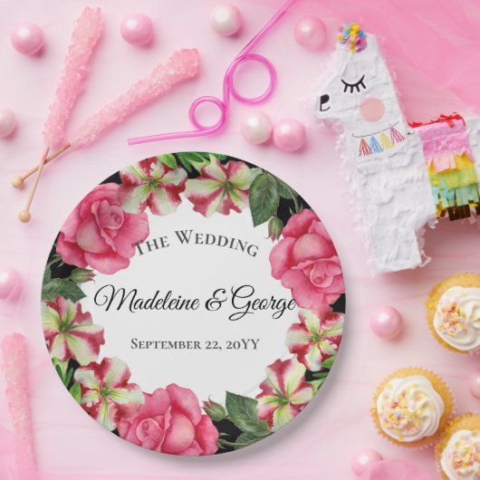 ウェディング ウォーターカラー ピンクの花のリース 円 ペーパープレート (パーティー)