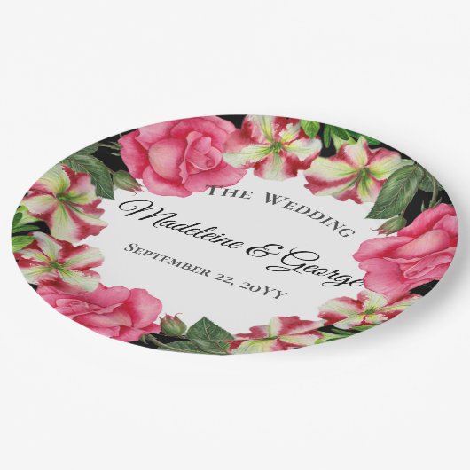 ウェディング ウォーターカラー ピンクの花のリース 円 ペーパープレート (アングル)