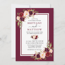 ウェディング ウォーターカラー フラワー バーガンディ フレーム 招待状