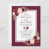 ウェディング ウォーターカラー フローラル バーガンディ フレーム フォト 招待状 (正面)