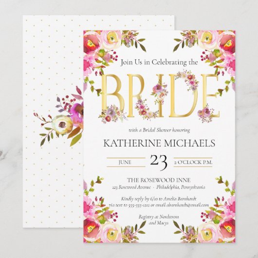 ウェディング ウォーターカラー ブルーム フラワーブライダルシャワー 招待状 (正面/裏面)