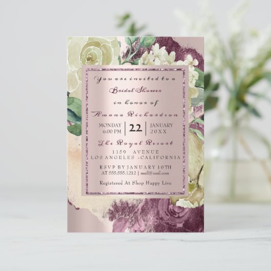 ウェディング ウォーターカラー マルサラ ホワイト フラワー ローズ ゴールド 招待状 (スタンド正面)