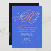 ウェディング エレガント モノグラム ロイヤルブルー グレー コーラル 招待状 (正面/裏面)