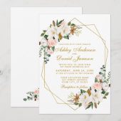 ウェディング エレガント 水彩 マグノリア ローズ ゴールド 招待状 (正面/裏面)