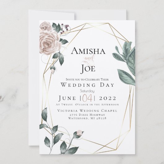 ウェディング | カスタム – 水彩赤面ほこりっぽいバラ金ゴールド 招待状 (正面)