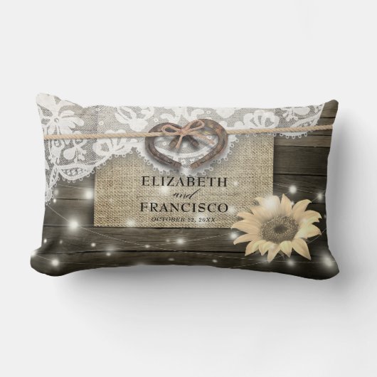 ウェディング カップル 馬蹄 ハート ラック ヒマワリ 木製 ランバークッション (正面)