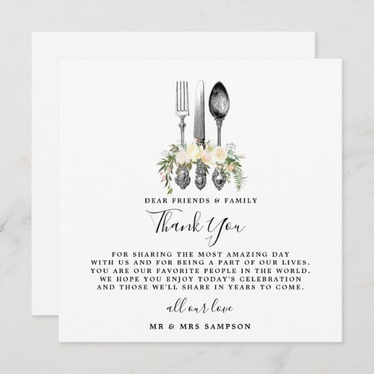 ウェディング カトラリー フローラル 感謝カード 披露宴 招待状 (正面/裏面)