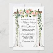 ウェディング カノピー アーチ 水彩 ピンク 花 グリーン 招待状 (正面)