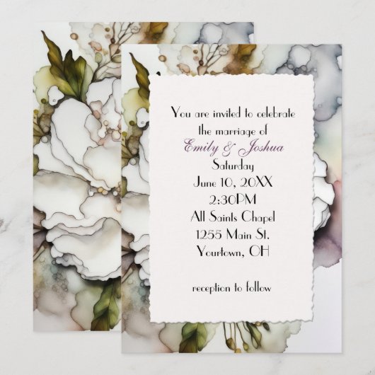 ウェディング カーネーション アルコール インク アブストラクト 招待状 (正面/裏面)