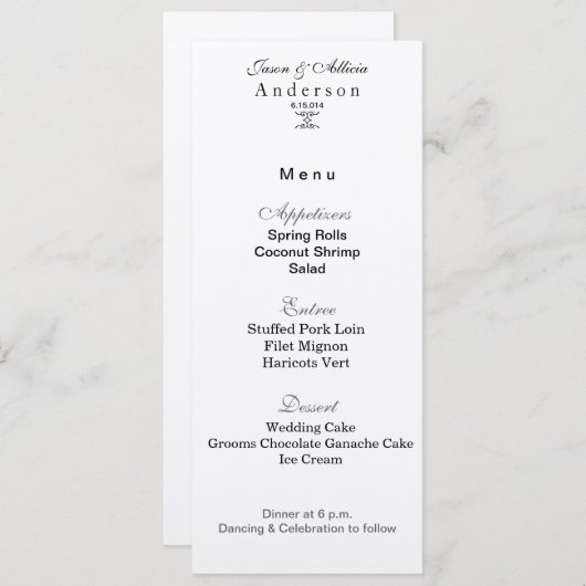 ウェディング＆ガラ用のシルバーアイスメニューカード 招待状 (正面/裏面)