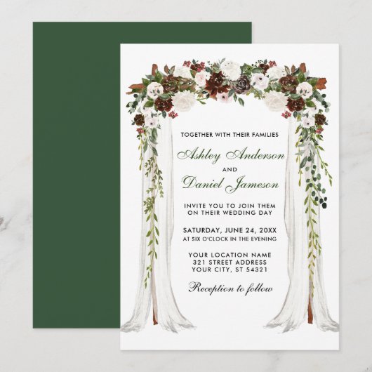ウェディング キャノピー アーチ 水彩 緑の森 花 招待状 (正面/裏面)