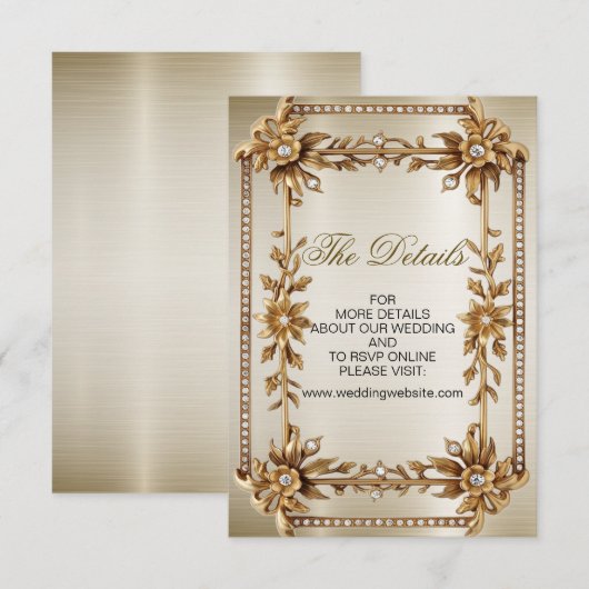 ウェディング ゴールド オルネート レクタングル ダイヤモンド フラワーズ シャイニー エンクロージャーカード (正面/裏面)